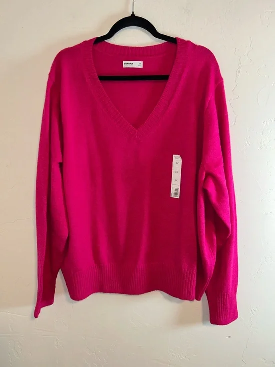 Sonoma Goods For Life 3x Lightweight V-Neck Bright Pink Soft Knit Sweater - Picture 2 of 12